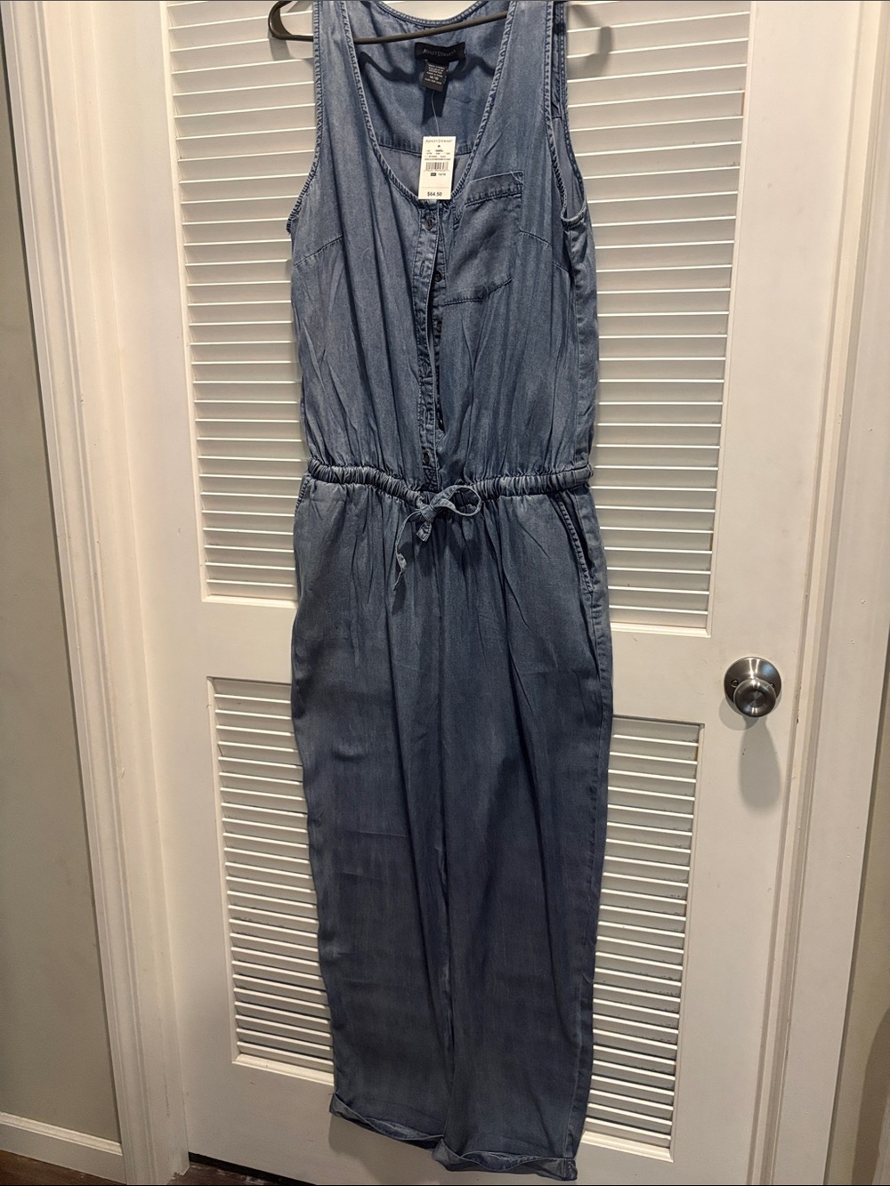 Ashley Stewart Light Blue Sleeveless Denim-Effect Drawstring Jumpsuit